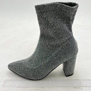 Silver Women Glitter Block Heel Ankle Boots Pointed Toe Dress Booties